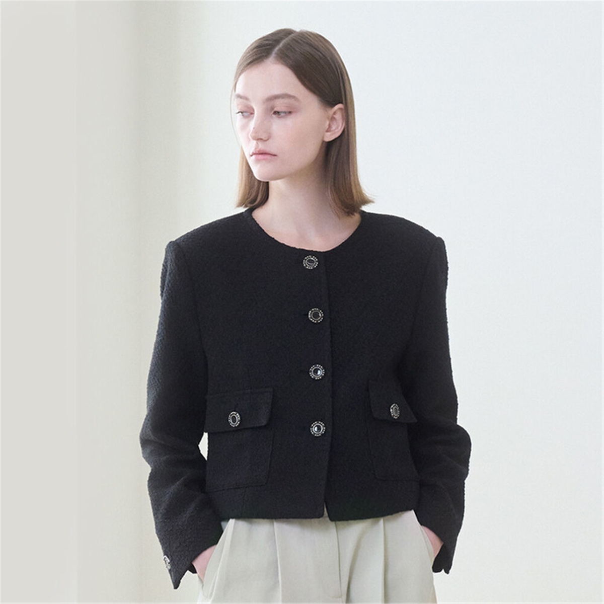 [누브] Tweed Crop Jacket - BLACK