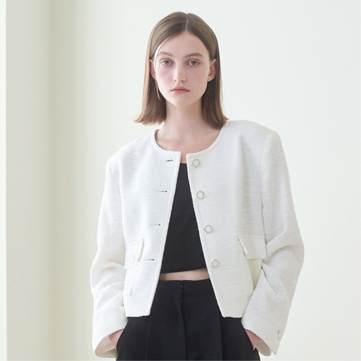 [누브] Tweed Crop Jacket - WHITE