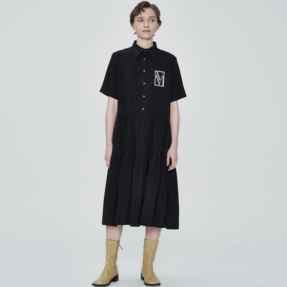 [비먼] oversized tiered dress with logo embroidery_black