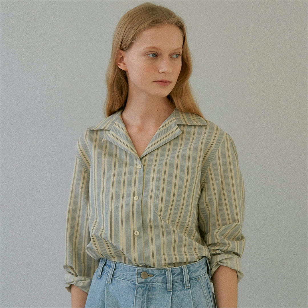 [블랭크03] open collar cotton shirt [Italian fabric] (stripe)
