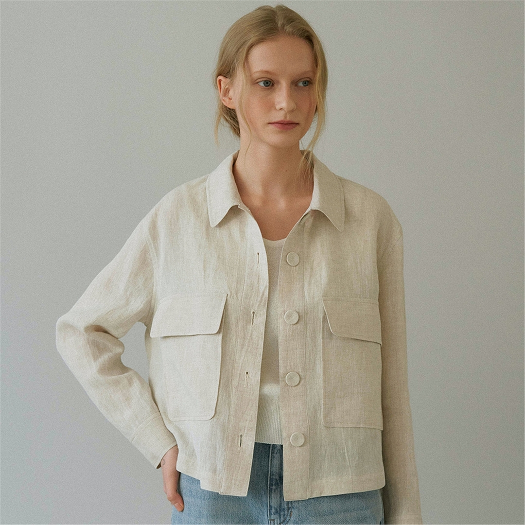 [블랭크03] linen cropped shirt jacket (light beige)